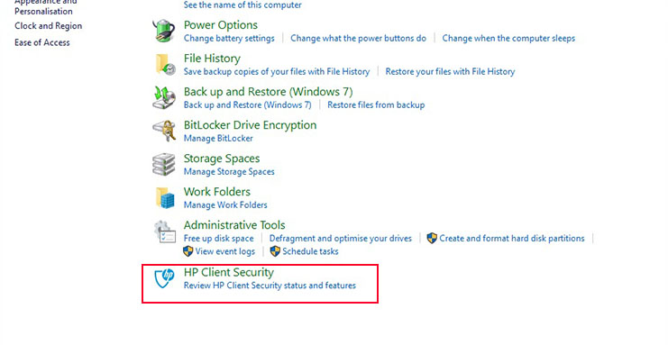 HP Client Security in Windows Control Panel