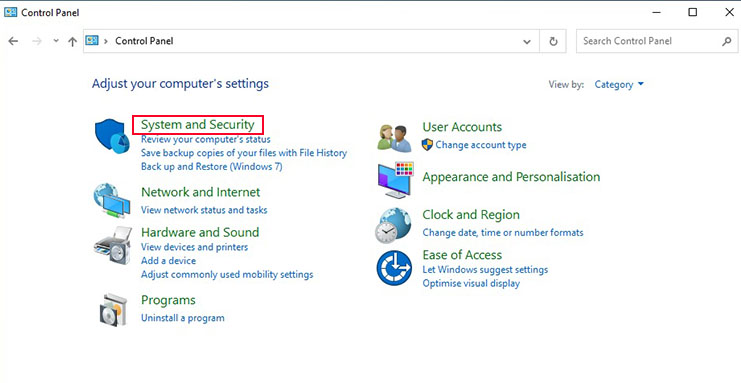 Windows Control Panel - System & Security Highlighted