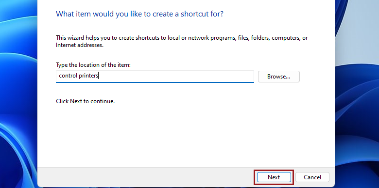 Type control printers to create new shortcut to Devices & Printers