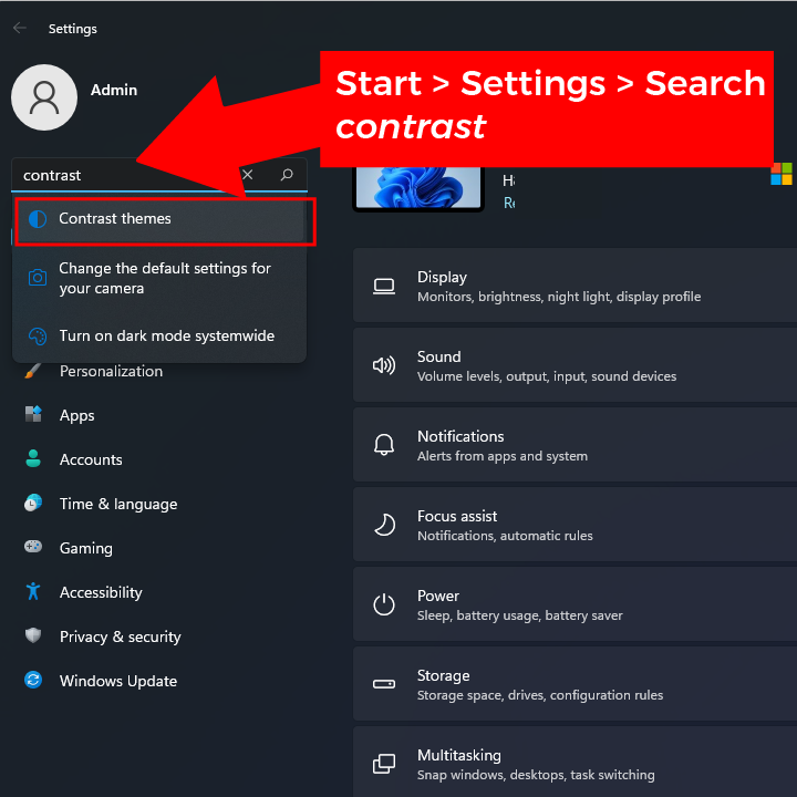 In Windows how to access the Accessibility contrast settings